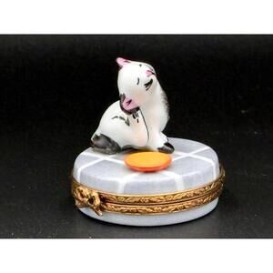 🐾 Limoges France Peint Main Porcelain Cat Trinket Box w/ Mouse Inside 🎀